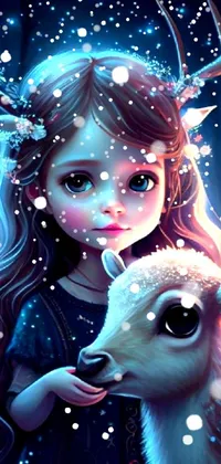 This captivating live wallpaper for your phone features an intricately detailed young girl with strikingly big eyes holding a delicate deer