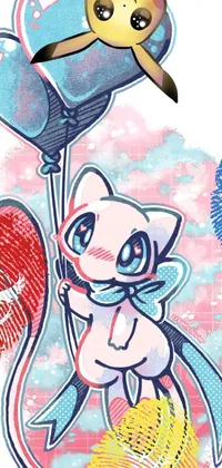 This delightful phone live wallpaper depicts a charming cat holding a heart-shaped balloon with blue and pink gradient hues, adding a whimsical touch to the pastel-colored drawing