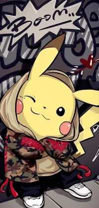 This vibrant phone live wallpaper features an anime-style drawing of a Pikachu donning a hooded sweatshirt, holding electric bolts and sparks all around