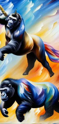This live wallpaper features an airbrush painting of two gorillas carrying a unicorn on their backs