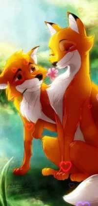 This phone live wallpaper features a delightful depiction of two cute foxes standing together under a sunny sky