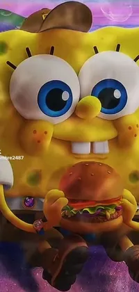 This fun and colorful phone live wallpaper is a 3D cartoon image of a character holding a hamburger
