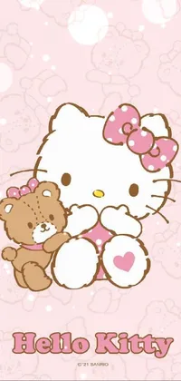 This charming phone live wallpaper features the beloved character Hello Kitty and a cute teddy bear wrapped in an embrace amidst pastel colors and heart-shaped patterns