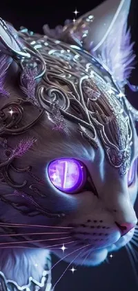 This phone live wallpaper features a beautiful fantasy art depiction of a cat wearing a cyberpunk-style crown