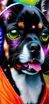 This phone live wallpaper boasts a colorful and lively airbrush painting of a dog sporting headphones