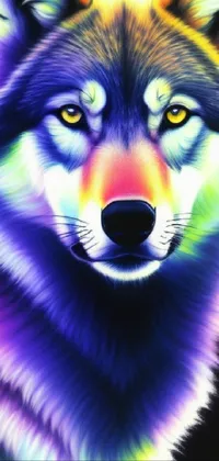 A dynamic phone live wallpaper featuring a vibrant, airbrush painting of a wolf on a black background