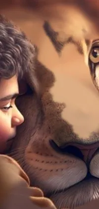 This live phone wallpaper features a heartwarming and trending airbrush painting of a boy hugging a large lion