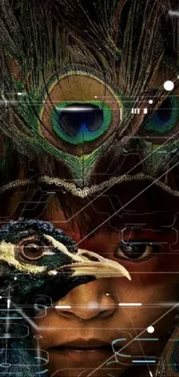 This lively phone wallpaper portrays a striking image of a person with a peacock atop her head