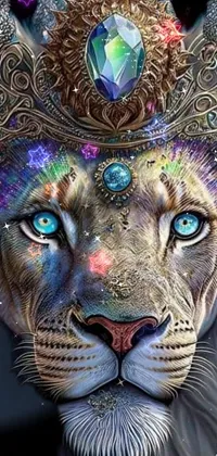 This phone live wallpaper showcases a lion in a crown and jeweled tiara, in a colorful and vibrant digital art style