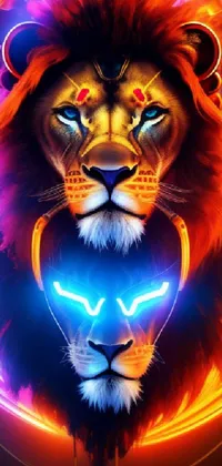 Unleash the wild with a stunning phone live wallpaper featuring two lions standing close together in vibrant neon hues