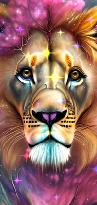 This phone live wallpaper features a beautiful close-up of a psychedelic lion airbrush painting