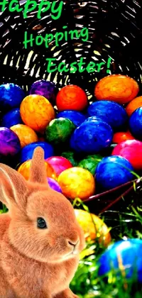 This phone live wallpaper is a charming digital rendering of a bunny sitting beside a basket overflowing with colorful eggs