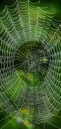 This live phone wallpaper features a stunning and intricate spider web with delicate water droplets glistening in the gentle green dawn light