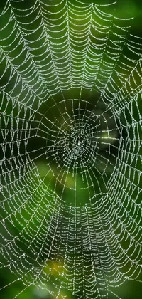 This live wallpaper features a water droplet-covered spider web with shades of green and a 256x256 stipple pattern