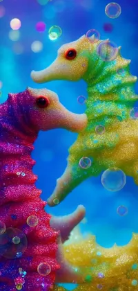 This colourful and whimsical live wallpaper features a pair of sea horses against a background of swimming sirens, bubbles, and seaweed