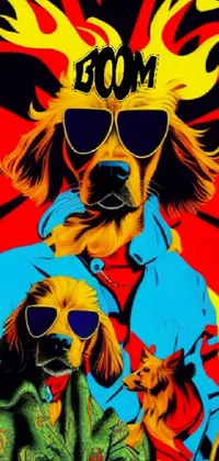 This live wallpaper features two playful dogs sitting next to each other in a bold, brightly colored pop art style