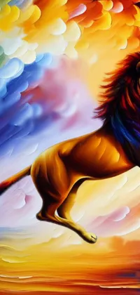 This mobile wallpaper features a dynamic lion painting in vibrant 4K resolution