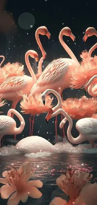 This live phone wallpaper features a flock of digitally rendered flamingos standing on top of calm waters