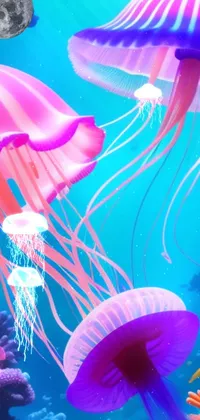 This phone wallpaper boasts a digital rendering of jellyfish, set in the blue ocean