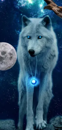 This phone live wallpaper features a majestic white wolf in a stunning holographic landscape