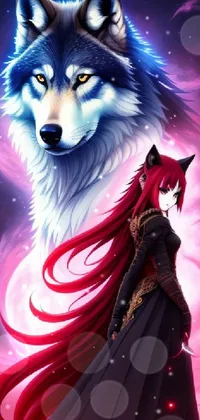 This stunning live wallpaper features a beautiful celestial mage with long red hair, standing next to a powerful wolf in an anime drawing