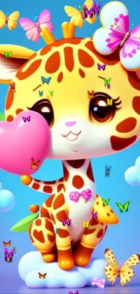 This lively phone wallpaper features a cute giraffe holding a heart-shaped balloon