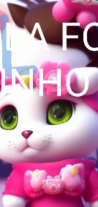 This live wallpaper features a close-up of a furry cat wearing a pink bow on its head, with a cute bunny rabbit hopping across the screen below
