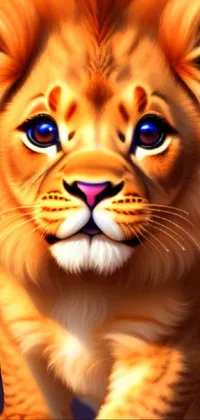 This mobile live wallpaper showcases a stunning digital painting of a lion with piercing blue eyes