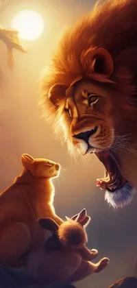 This phone live wallpaper features a stunning illustration of a lion and cub looking at each other in a heartwarming scene