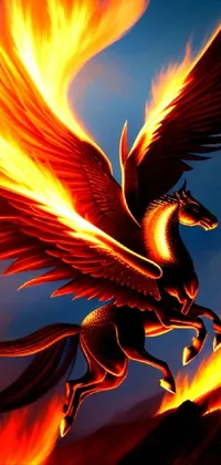 This phone live wallpaper features a stunning digital art image of a majestic flying horse and an awe-inspiring phoenix in the background engulfed in fiery embers