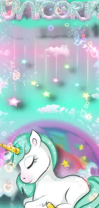 This stunning phone live wallpaper showcases a beautiful picture of a unicorn soaring through a rainbow in the sky surrounded by vibrant colors