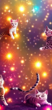 This phone live wallpaper features a mesmerizing scene of cute cats flying through space in a stunning digital art style