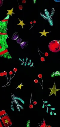 This phone live wallpaper features a festive pattern of Christmas decorations including ornaments, snowflakes, and stars in various colors against a black background