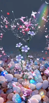 This phone live wallpaper showcases a vibrant flower atop a rocky terrain in an exquisite digital artwork