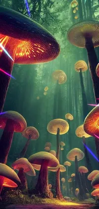 This phone live wallpaper depicts a group of mushrooms in a forest, viewed from below