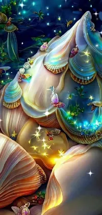 This live phone wallpaper showcases a group of seashells resting on a sandy shore, surrounded by a magical fairy forest