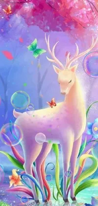 This phone live wallpaper showcases a stunning deer standing on green grass amidst a dreamy, enchanting landscape