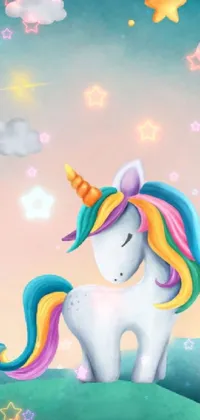 This phone live wallpaper showcases the beauty of a white unicorn with a rainbow mane
