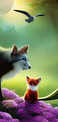 This mobile live wallpaper showcases a charming painting of a fox and cat in a flowery field