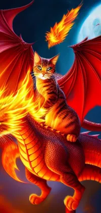 Enhance the look of your smartphone's wallpaper with this amazing live wallpaper featuring a fiery red and orange-colored dragon with a black and white fluffy cat sitting on top of it