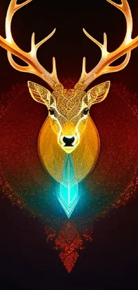 This stunning phone live wallpaper features an intricate illustration of a deer's head in rich, glowing colors against a black background