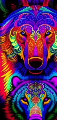 This incredible phone live wallpaper features two playful bears surrounded by swirling psychedelic art, blacklight reactivity, and 8k highly detailed elements