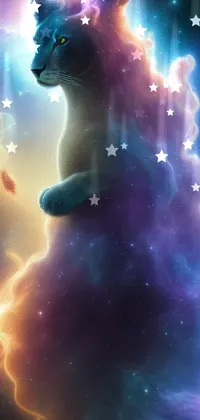 This mobile live wallpaper showcases a captivating digital art feline standing on two legs, set against a striking background of bursting nebula hues and an otherworldly iridescent halo