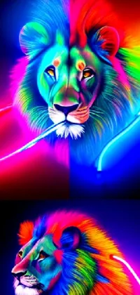 This phone live wallpaper showcases a stunning close-up of two lion pictures, rendered through digital art in vibrant neon vray