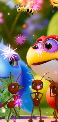 This animated live wallpaper features a group of colorful cartoon birds in a lush green landscape, accompanied by glowing fireflys at night