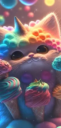 This vibrant live wallpaper features a furry cat perched on top of a pile of ice cream cones made of various sweets