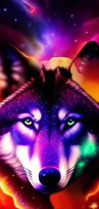 This dynamic phone live wallpaper depicts a majestic wolf with glowing eyes set amidst a background of twinkling stars in a dark neon colored universe