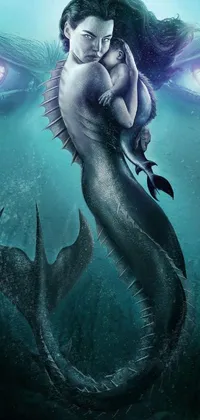 This live wallpaper for your phone depicts a surreal underwater scene with a woman hugging a mermaid as the central focus