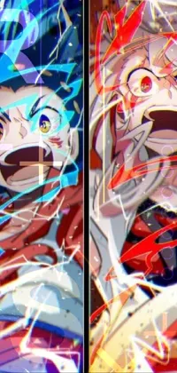 This dynamic phone live wallpaper brings anime characters and shock art to your screen in a blue and red color scheme