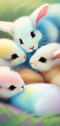 This phone live wallpaper showcases a lovely pastel painting of furry bunnies snuggled in a nest